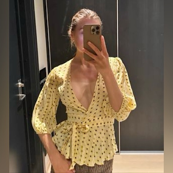 GANNI Daisy Print Crepe Puff Sleeve V-Neck Tie Waist Ruffle Peplum Wrap Top S - Picture 7 of 10